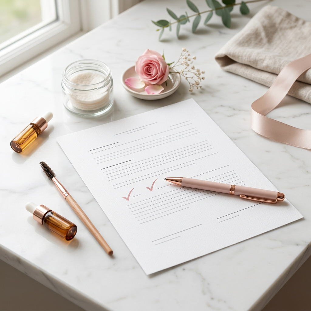 Marble desk with skincare bottles, rose, pen, and checked paper